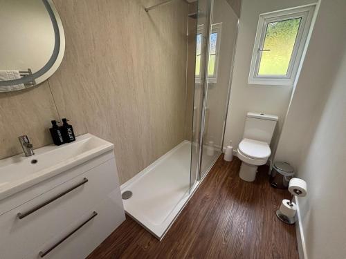a bathroom with a shower and a toilet and a mirror at Maisy's Hideaway in Kyleakin