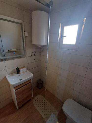 a bathroom with a sink and a toilet and a mirror at Diva House in Nikšić