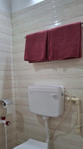 a bathroom with a white toilet and purple towels at Umbrella Guest House - Meenakshi Suite in Madurai