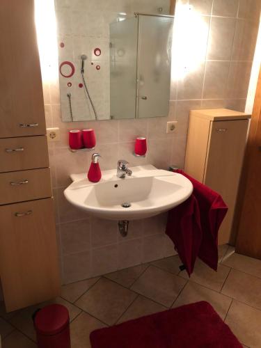 a bathroom with a white sink and a mirror at Gästehaus AlbTraum in Reutti