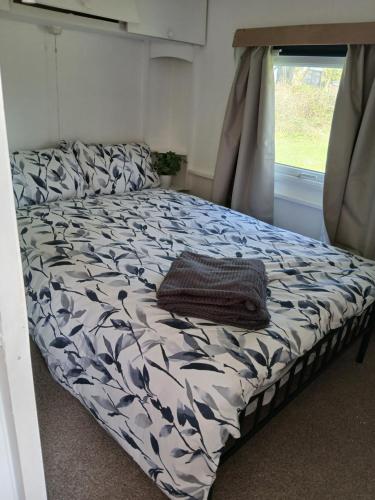 a bed in a small room with a window at Family friendly static in Pwllheli