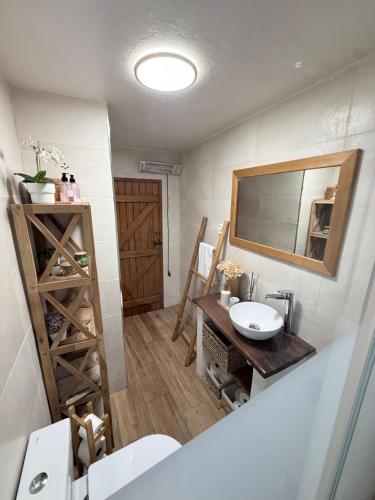 a bathroom with a sink and a mirror at Casa do Serro de Lá in Santa Clara-a-Nova