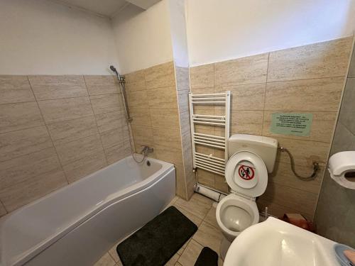 a bathroom with a tub and a toilet and a sink at Plaiul Carpatin in Fundăţica