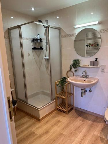 a bathroom with a shower and a sink at The 8th in Léglise