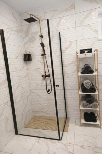 a shower with a glass door in a bathroom at Žolynų namai in Klaipėda