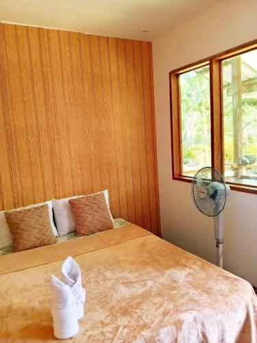 a bedroom with a bed with a fan and a window at Gregorio's Inn in San Vicente
