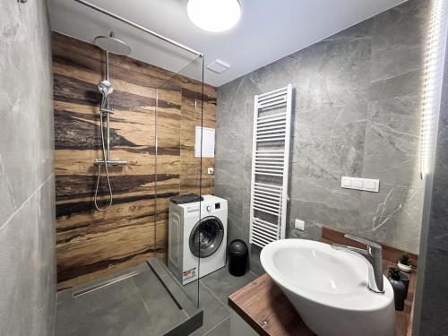 a bathroom with a sink and a washing machine at Green Oasis Apartment in Myslava