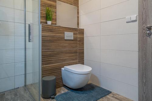 a bathroom with a toilet and a plant on the wall at Apartmán Nová Dragounská in Klatovy