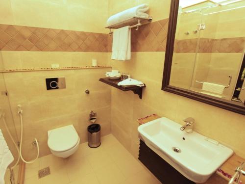 a bathroom with a sink and a toilet and a mirror at The Byke Old Anchor Beach Resort & Spa in Cavelossim