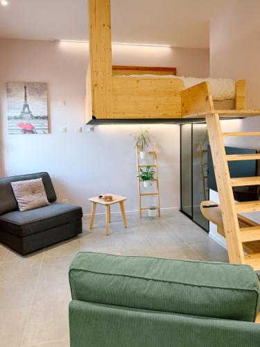 a living room with a loft bed and a couch at Le Studio de l 'Avenue 1 à 3 Personnes in Valence