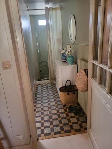 a bathroom with a shower and a checkered floor at Échoppe Saint Augustin in Bordeaux