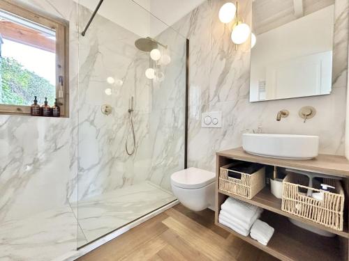 a bathroom with a shower and a toilet and a sink at Perla di Mergozzo 2 in Mergozzo