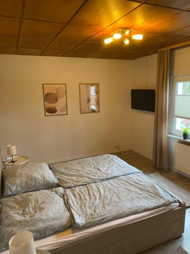 a large bed in a bedroom with a television at Ferienhaus in der Altmark in Kakerbeck