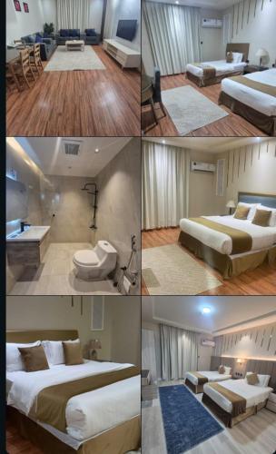 a collage of four pictures of a hotel room at درة رواق للشقق المخدومة - Durrat Rwaq Serviced Apartments in Riyadh