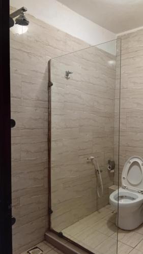 a bathroom with a shower with a toilet at Palm breeze seafront shanzu in Shanzu