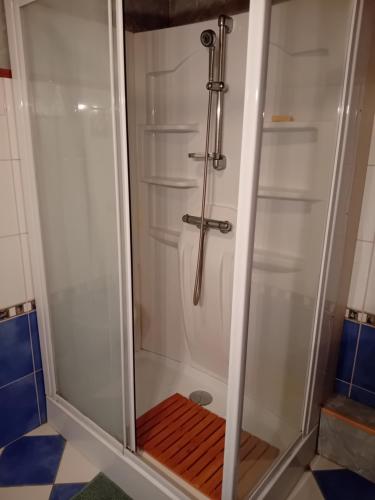 a shower with a glass door in a bathroom at Le Bel Isle in Echinghen
