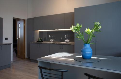 a kitchen with a blue vase with flowers on a counter at Stoties Hostelis in Vilnius