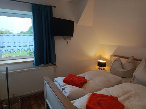a bedroom with two beds next to a window at Ferienhof Maikito in Lalendorf