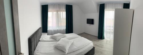 a bed in a room with two windows at Cezar House in Codlea