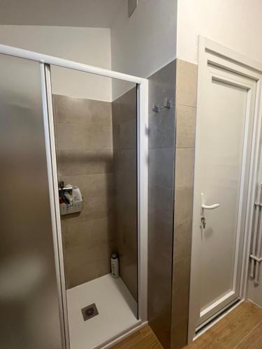 a shower with a glass door in a bathroom at Corte Galassi in Torsa