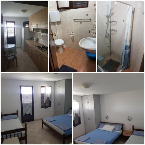 a collage of four pictures of a bathroom at Vila Familija in Dobra Voda