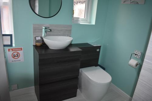 a bathroom with a sink and a toilet and a mirror at The Phoenix Guest House in Scarborough