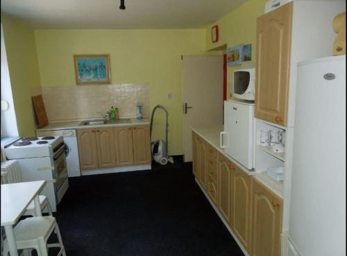 a kitchen with wooden cabinets and a white refrigerator at Penzion Mirja in Hodkovice