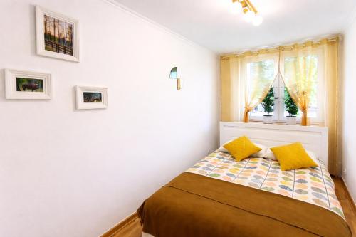 a bedroom with a bed with yellow pillows and a window at Apartament Motylek in Hajnówka