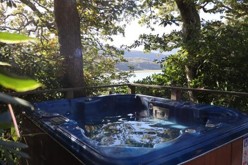 a blue tub sitting on top of a fence at Waterside Cader Cabin with Hot Tub in Barmouth