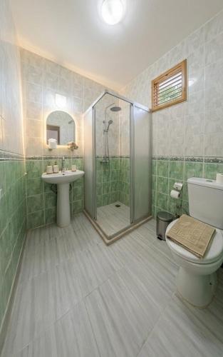 a bathroom with a shower and a toilet and a sink at Aspawa Hotel in Pamukkale