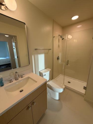 a bathroom with a sink and a toilet and a shower at Luxe Apartment with Harbor views in Baltimore