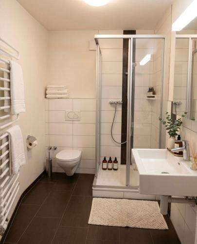 a bathroom with a shower and a toilet and a sink at Central and well connected modern studio in Zurich