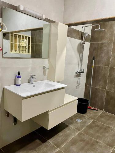 a bathroom with a sink and a shower at Residence EBENE in Kika