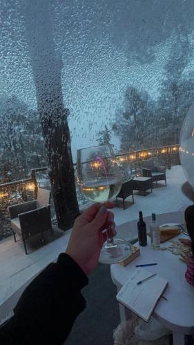 a person holding a glass of wine on a patio at Wooden Inn - Cabañas Boutique y Bubble Glamping en Creel in Creel