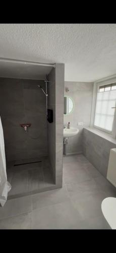 a bathroom with a shower and a sink at BH Haus in Bremerhaven