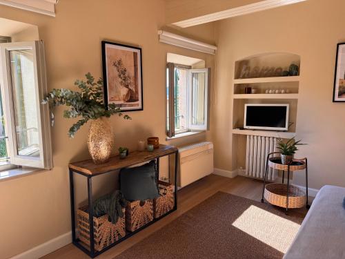 a living room with a fireplace and a tv at La Casetta di Borgo - Gli Ulivi in Lajatico