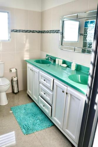 a bathroom with a green sink and a mirror at Grapes of Grace in Baie Nettle