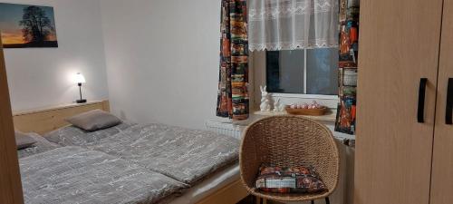 a small bedroom with a bed and a window at Apartmán U Lípy Janovičky in Heřmánkovice