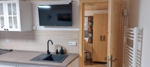 a kitchen with a sink and a tv on the wall at Apartmán U Lípy Janovičky in Heřmánkovice