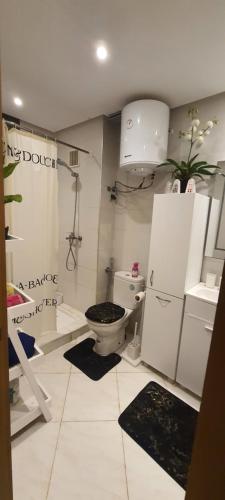 a white bathroom with a toilet and a refrigerator at Cozy appt in Casablanca
