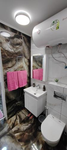 a bathroom with a white sink and a toilet at Stylish Rose Garden Apartment with Balcony & Parking in Asenovgrad
