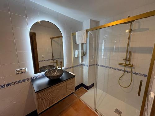 a bathroom with a sink and a shower at Las 6 llaves in Baeza
