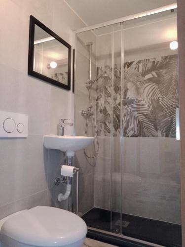 a bathroom with a shower and a toilet and a sink at Quedar-se a l'Alguer in Alghero