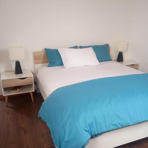 a bedroom with two beds with blue and white at Das Glashaus in Curacautín