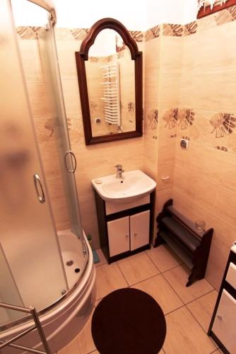 a small bathroom with a sink and a shower at mieszkanie Akacjowa in Stronie Śląskie