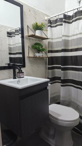 a bathroom with a sink and a toilet and a mirror at Casa Terraza in El Zaino