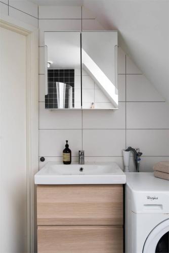 a bathroom with a sink and a washing machine at Comfortable room with beautiful nature in Malmo in Malmö