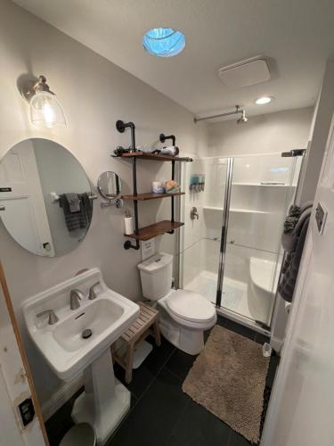 a bathroom with a sink and a shower and a toilet at The Dollar House in Albert Lea