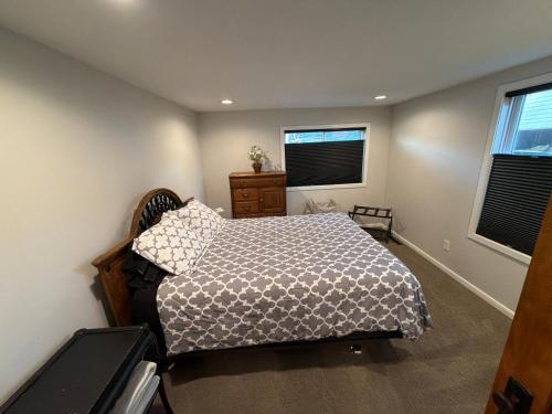 a bedroom with a bed and a dresser and two windows at The Dollar House in Albert Lea
