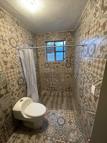 a bathroom with a toilet and a window at Yellow House, Private Apartment, Centro Arteaga in Arteaga